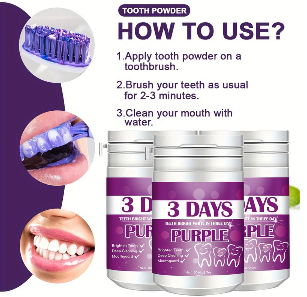 Purple Tooth Cleaning Powder, 3-day Deep Cleaning Tooth Powder BreathFreshener, Basic Oral Care, Daily Life Tooth Cleaning Tools Teeth Whitening Powder